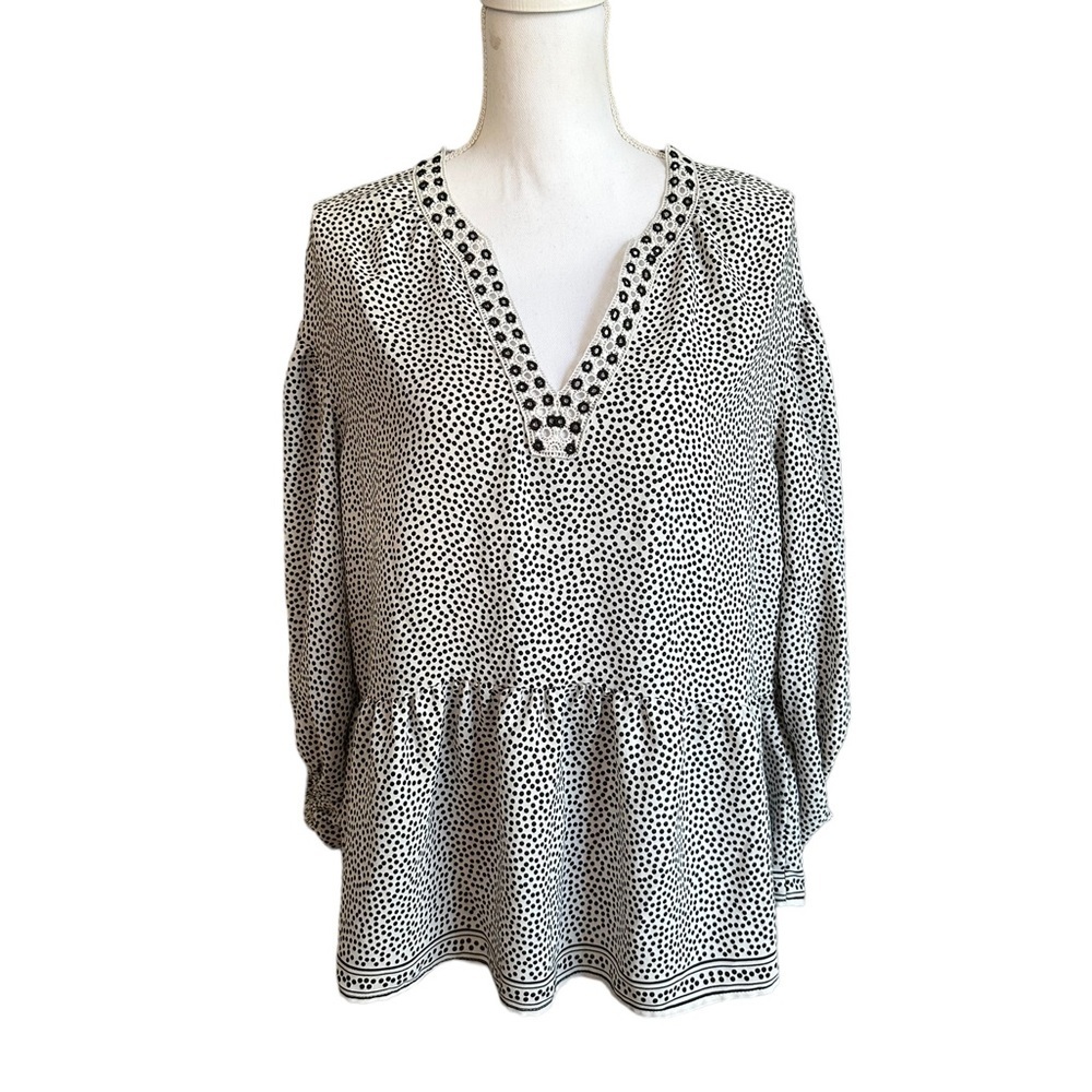 MAX STUDIO Blouse Polka Dot Eyelet V-Neck Balloon Sleeve Black White Size M